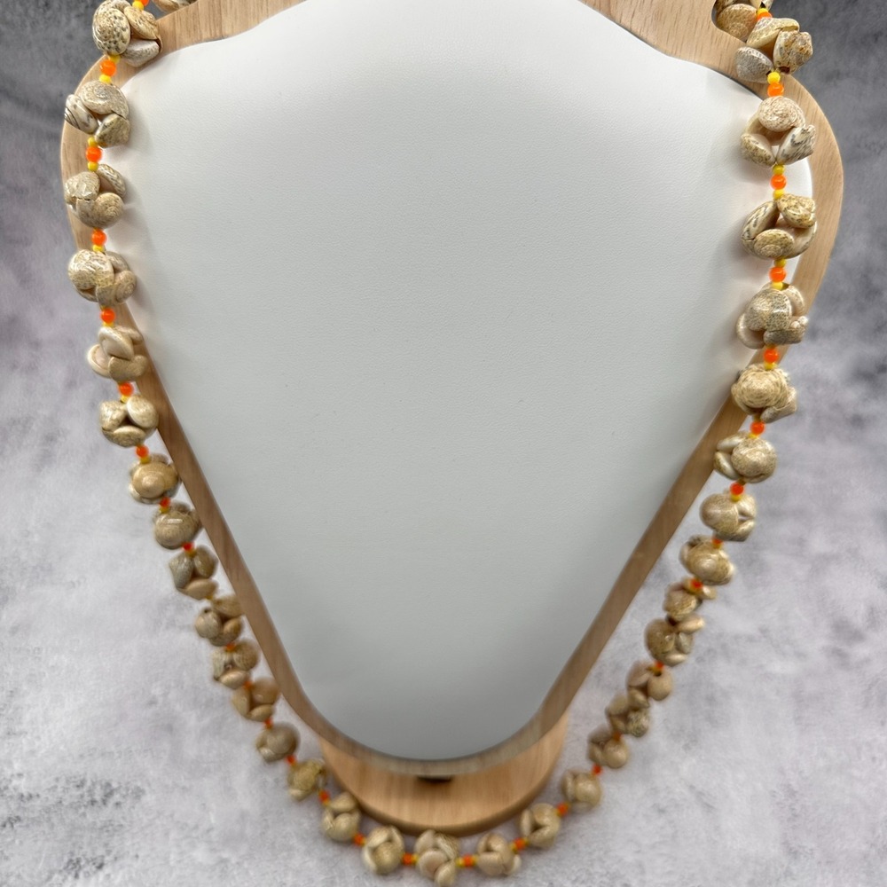 Tan Seashell Cluster Necklace Orange Beads Long Coastal Boho Statement Vintage